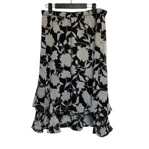 Sag Harbor Floral Midi Skirt Womens PL Black Gray Ruffle Tiered Plisse lined